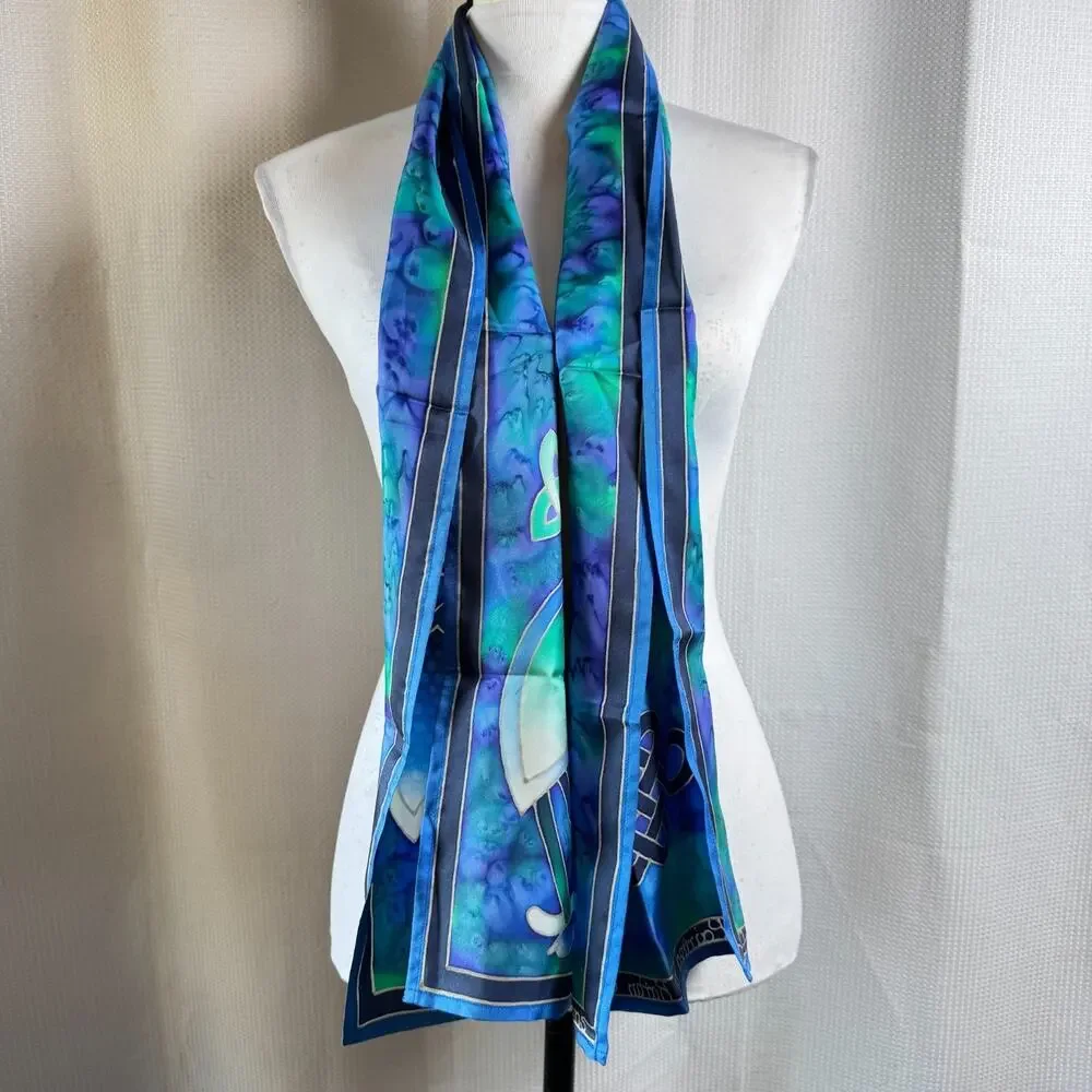 Hand Painted Silk Scarf Kathy Scrivens Blue Green Made In Scotland 11x57